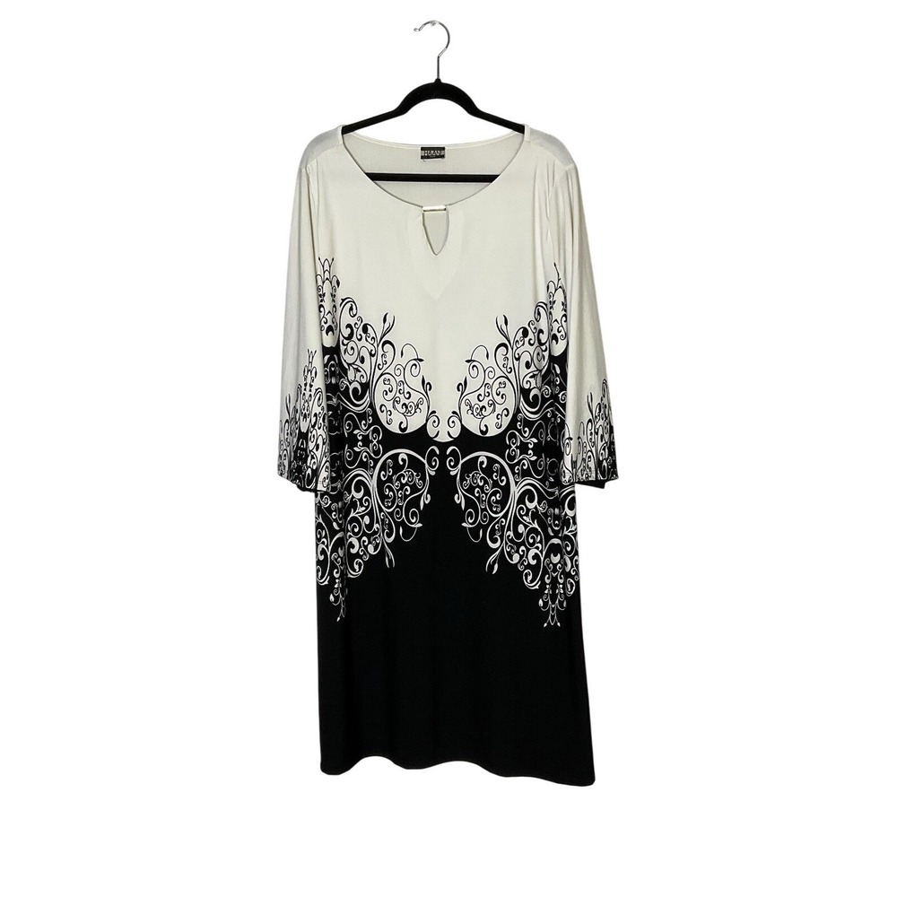 Haani Dress Black White Knee Sheath Artsy Print Office Long Flutter Sleeve SZ XL